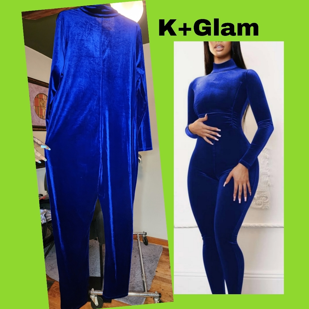 K +Glam royal blue velour like jumpsuit.  Plus Sz 2x.  True to size.